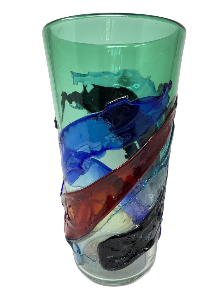 Fratelli Toso Vintage Murano Glass Vase: This lovely and colorful vintage vase was created by noted Glass Masters at Fratelli Toso in Murano. Signed. Measures 14" x 8".
