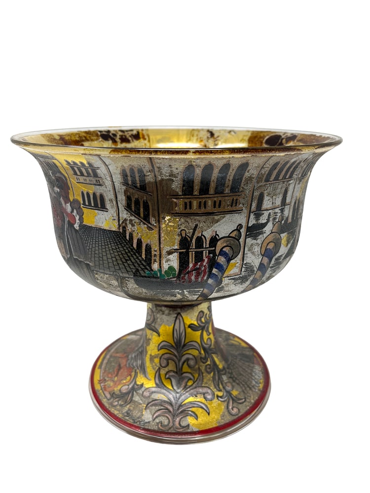 Very Rare Wedding Bowl by Venetian Artist Bruber: Bruber is an Artist in Venice, Italy. He is well known for his incredible Murano Glass designs with intricate application of precious metals to the glass. This beautiful "Wedding Cup" has scenes of