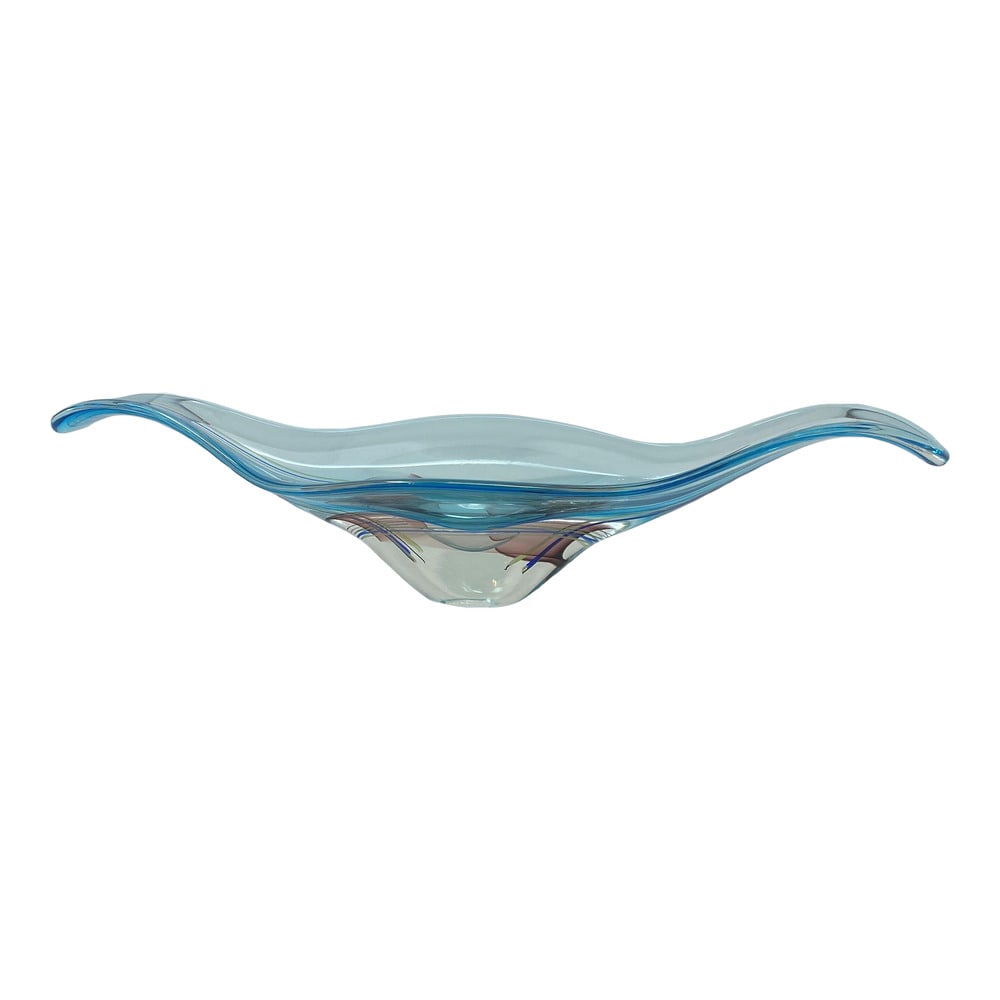 Murano Glass Centerpiece by Rossi in Aquamarine: Fabulous centerpiece made by Murano Glass Master Valter Rossi. Beautiful lines and coloring. A perfect finishing piece to any room. Measures 23.5" long. Signed.