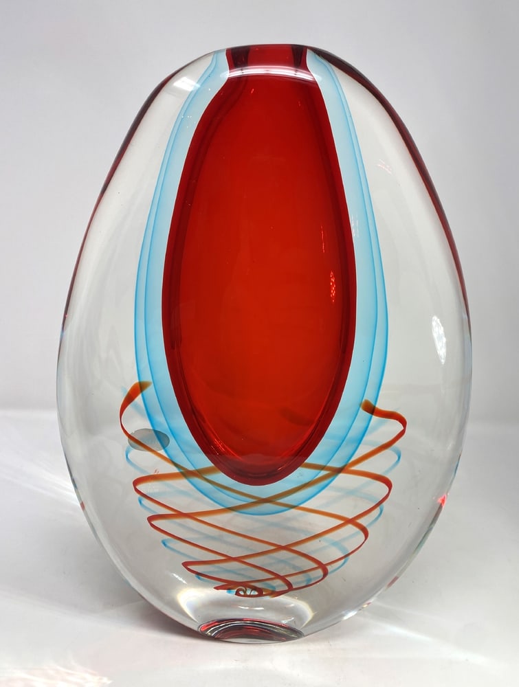 Sommerso Spirale Murano Glass Vase: Spectacular Vase called "Vaso Spirale" by Oball of Murano, Italy. Sommerso style with lovely accents. A very heavy vase that is signed. Measures 13" tall. Beautiful red and blue coloring.