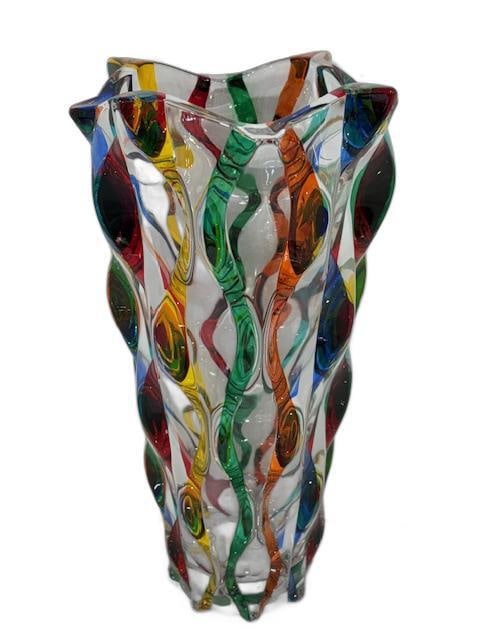 Gorgeous Venetian Centerpiece Vase: This lovely vase features incredible colors and it would be a wonderful addition to any room. Handcrafted in Italy of fine cut crystal and beautifully hand painted by master Venetian artisans in a rai