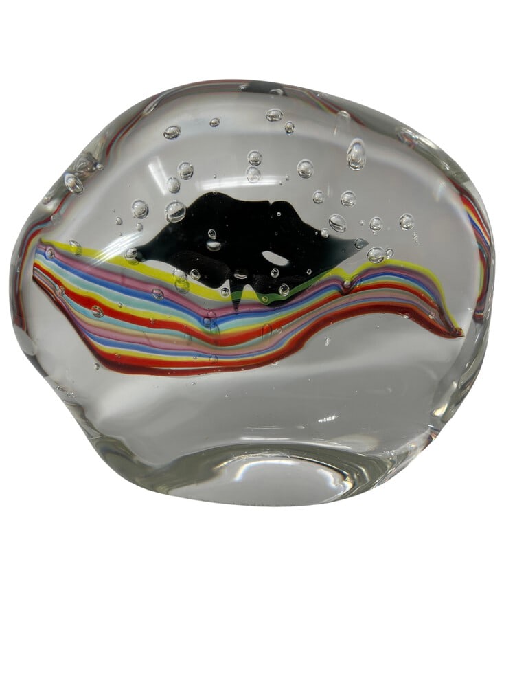 Venetian Mask Murano Glass Blockby Elio Raffaeli: Very unusual and quite beautiful creation from the Elio Raffaeli furnace in Murano. A rare piece of art! Measures 8” wide. Signed.