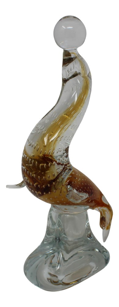 Vintage Control Bubble Murano Glass Seal: Lovely Murano Glass seal holding a ball with controlled bubbles. Beautiful amber coloring.