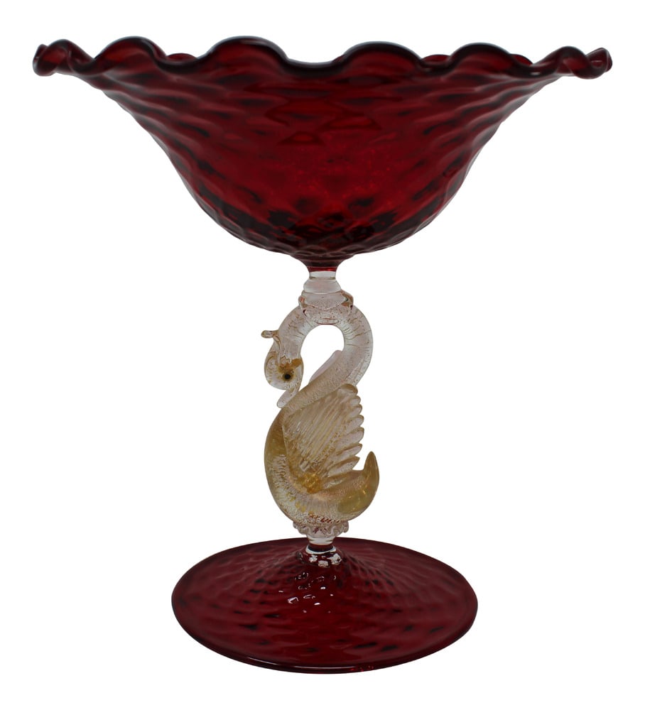 Vintage Red and Gold Fleck Murano Candy Dish: Absolutely beautiful piece of vintage Murano Glass. Features hand formed swan and 24K gold infused glass.