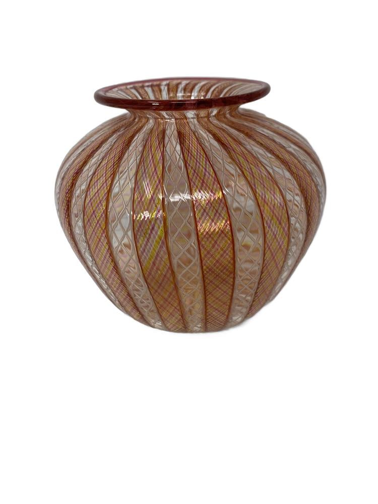 Vintage Filligrana Murano Glass Vase: Lovely vintage vase with a spectacular example of filligrana styling. In very good condition for its age. Measures 4.5" high x 5.5" across.