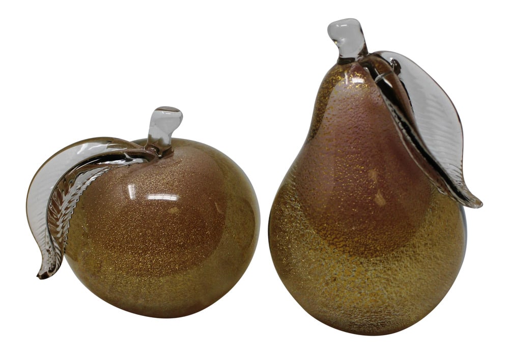 Vintage Alfredo Barbini Apple and Pear - a Pair: Alfredo Barbini was one of Murano's most prolific and popular Glass Masters. He was known for his creation of smaller beautiful pieces such as this apple and pear. Each piece can be placed upright or