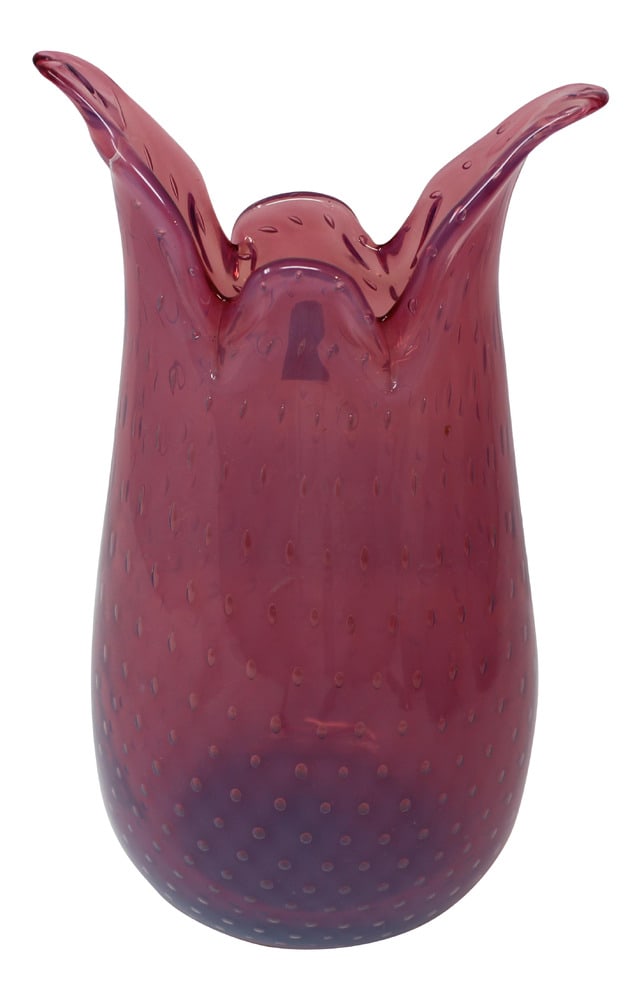 Vintage Bubble Vase by Fratelli Toso: Ercole Barovier was one of Murano's most famous Glass Masters. This lovely vintage vase features bullicante (controlled bubble) throughout the beautiful cranberry colored glass.