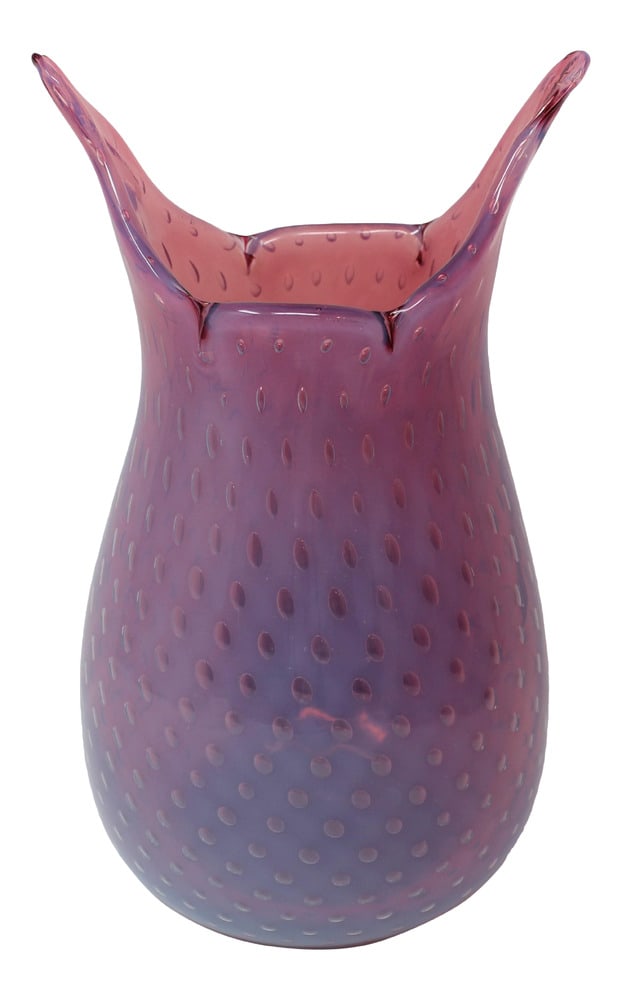 Vintage Bubble Vase by Fratelli Toso: Ercole Barovier was one of Murano's most famous Glass Masters. This lovely vintage vase features bullicante (controlled bubble) throughout the beautiful cranberry colored glass.