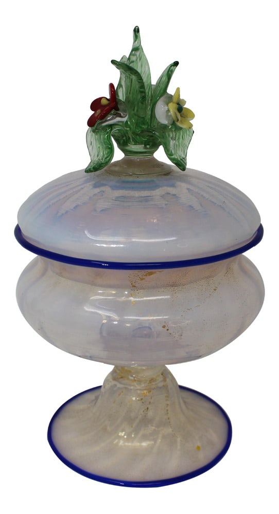Vintage 1940s Murano Glass Compote: Spectacular example of Vintage Murano Glass using the opalino treatment of glass. A perfect and rare piece of glass which would be a wonderful accent piece in any room. Measures 7.5" x 5"