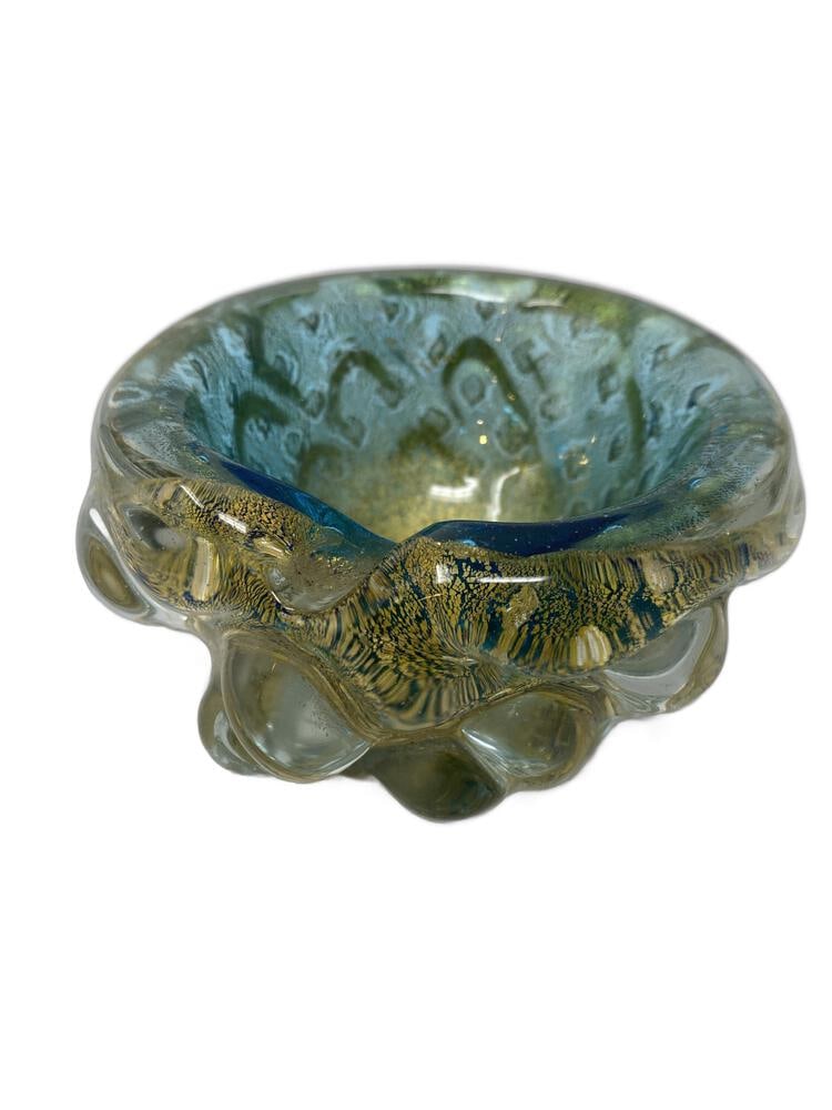 Vintage Miniature Murano Glass Bowl: Cute vintage Dish made in Murano, Italy. Small, but rare. Features 24K gold infused dust, and a rich pink coloring. Measures 5" across.