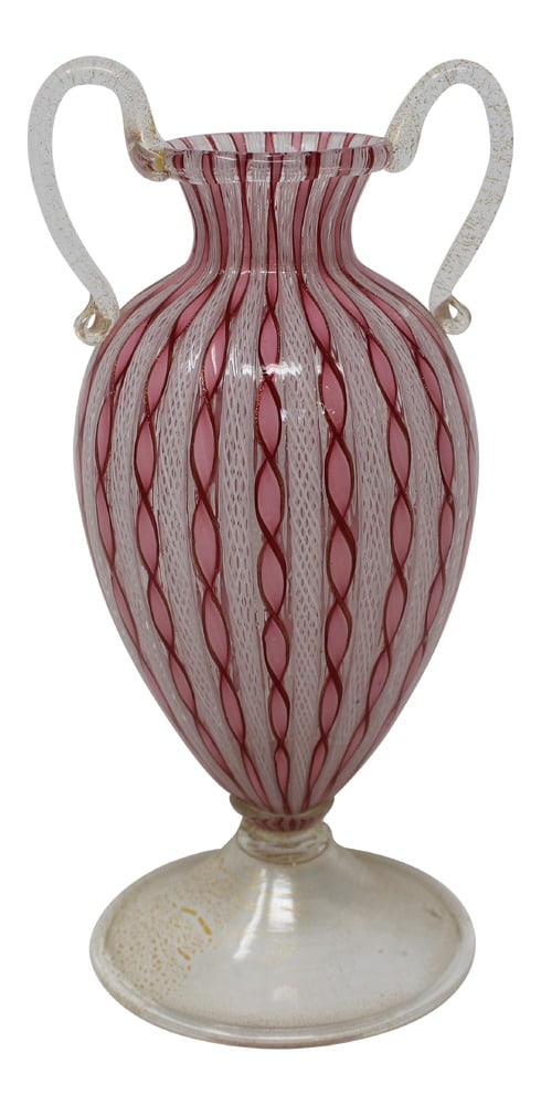 Vintage Latticino Murano Glass Vase: Spectacular example of Murano Glass using the latticino treatment of caned glass. A perfect and rare piece of glass which would be a wonderful accent piece in any room.