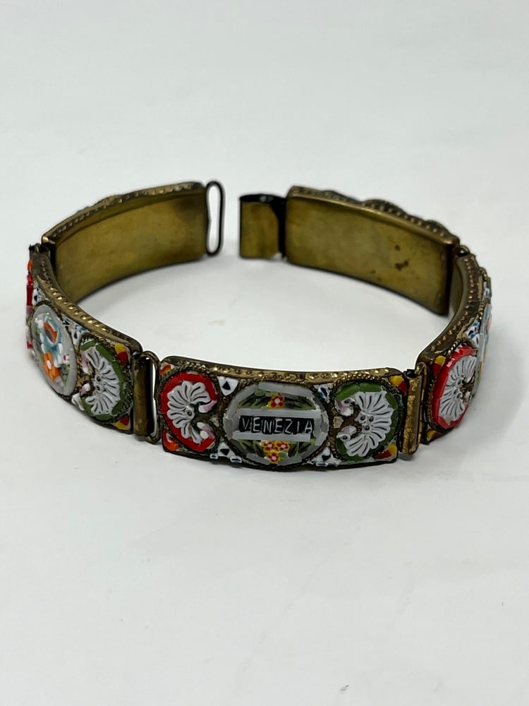 Antique Murano Micro Millefiore Bracelet: Lovely micro mosaic Murano Glass bracelet. Likely close to 100 years old and in great condition. The tiles form the name "Venezia". A wonderful piece for any collector of jewelry or Murano glass.