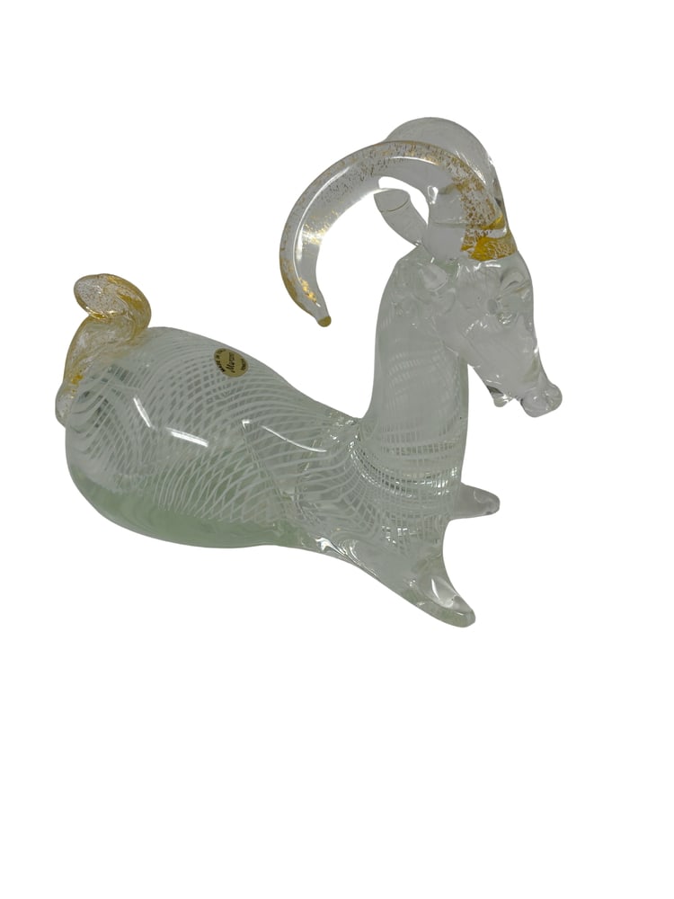 Murano Glass Vintage Ram Figurine: Cute Murano Glass Ram with the original vintage stamp. In perfect condition. Measures 7.5" wide x 6" tall.