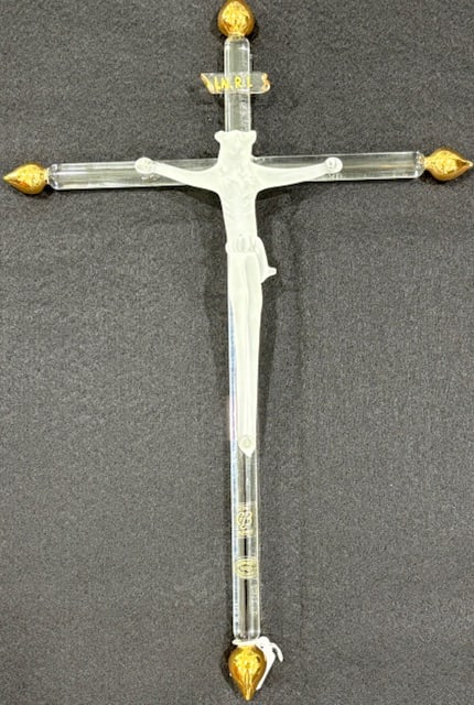 Murano Glass Large Crucifix: Beautiful hand made Crucifix from the Artisans of Murano. This version is made to set on a shelf. Measures 16" long!