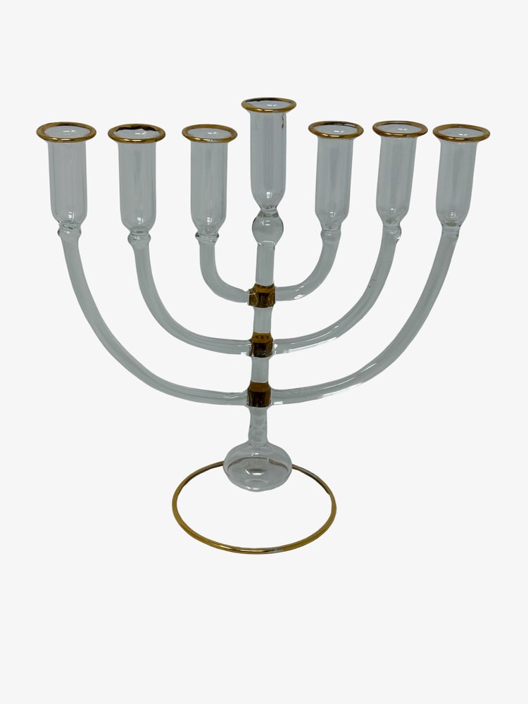 Murano Glass Menorah or Candelabra: Lovely hand formed Murano Glass Candelabra or Menorah made by one of Murano's top Artists. Stands 8" x 8". Brand new. Gold trimmed!