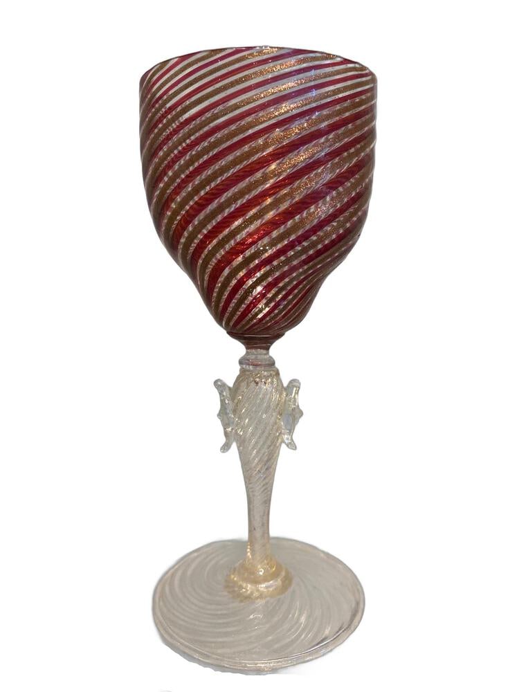 Vintage Murano Glass Stemware: This lovely stemware is attributed to the Salviati Furnaces of Murano. In excellent condition. Incredibly beautiful coloring with avventurine gold detail. Includes 4 liquer glasses for this price. 6.2