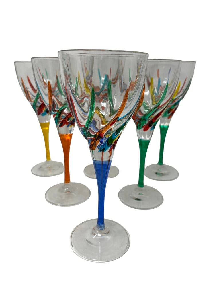 Venetian Hand Painted Wineglasses: This lovely set of 6 wine glasses features incredible colors and would be a wonderful addition to any home. Handcrafted in Italy of fine cut crystal and beautifully hand painted by master Venetian