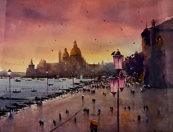 Original Watercolor Painting of Venice: Lovely watercolor painting of the street (calle) called Riva Schiavon in Venice, Italy. Original signed piece. Measures 10" x 13" and with frame 16" x 20". Signed by the local artist.