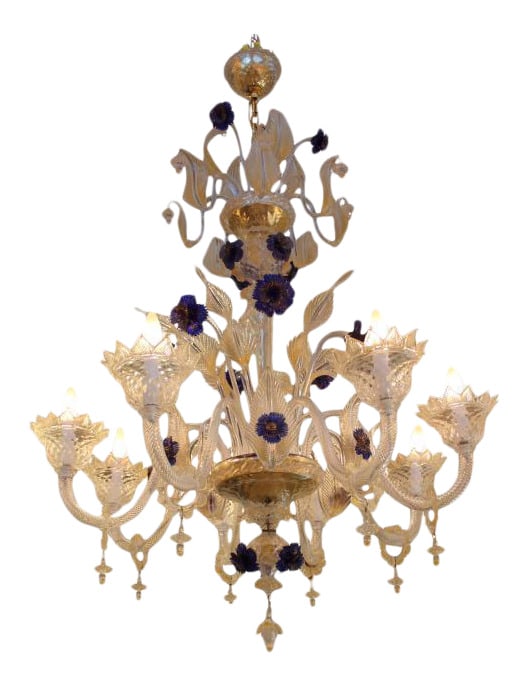 Beautiful Venetian Murano Glass Chandelier by Andromeda: Incredible 8-Light Venetian Chandelier by the most innovative Glass Master in Murano, Andromeda International. This museum quality piece has beautiful blue flowers with 24K gold dust infusion, as well