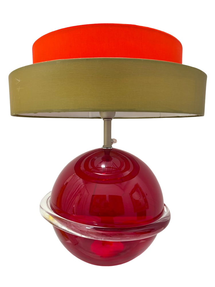 Murano Glass Red Table Lamp by Formia: Formia is one of Murano's well-known furnaces, producing beautiful lighting. This lovely Red Ball Lamp is one of those. Includes 3-tiered shade. Hand-formed using red clear glass. Measures 21" tall x