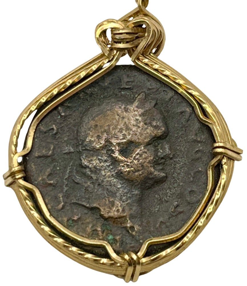 Emperor Vespasian Roman Coin Pendant: Acquire a piece of ancient history with this genuine bronze coin, featuring Emperor Vespasian, builder of the Colosseum and an Angel, masterfully converted into an exquisite pendant necklace. A very r