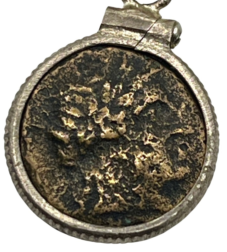 Ancient Greek Coin of Athena Pendant: Acquire a piece of ancient history with this genuine bronze coin, featuring Athena, masterfully converted into an exquisite pendant necklace. A very rare and significant piece of history in this tiny 