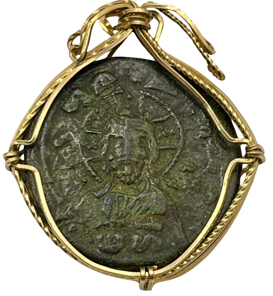 First Coin of Jesus from Constantinople: Acquire a fragment of ancient history with this genuine bronze coin, the earliest known to bear the likeness of Jesus Christ, masterfully converted into an exquisite pendant necklace. (#304)Highlights