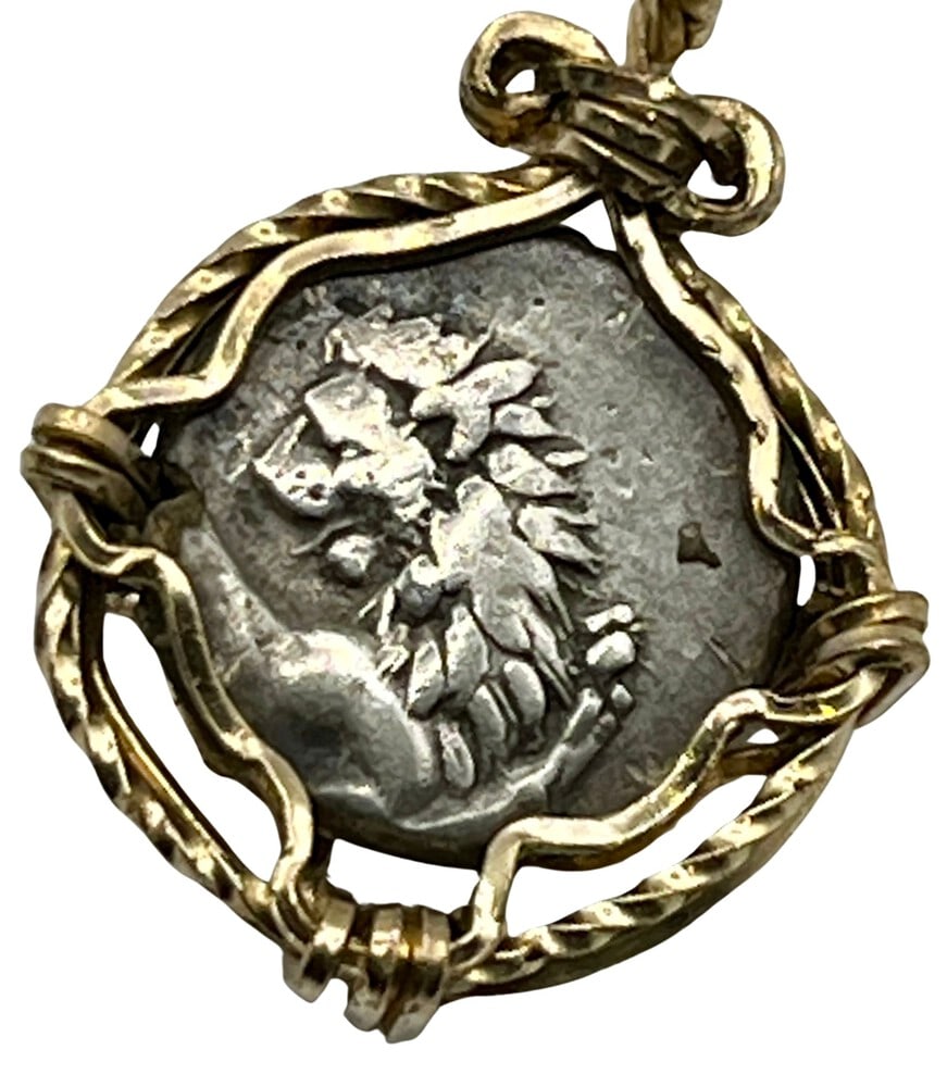 Lion and Sun Chersonesos Coin 400 BCE: Acquire a piece of ancient history with this genuine silver coin, featuring a Lion and Sun Chersonesos, masterfully converted into an exquisite pendant necklace. A very rare and significant piece of h