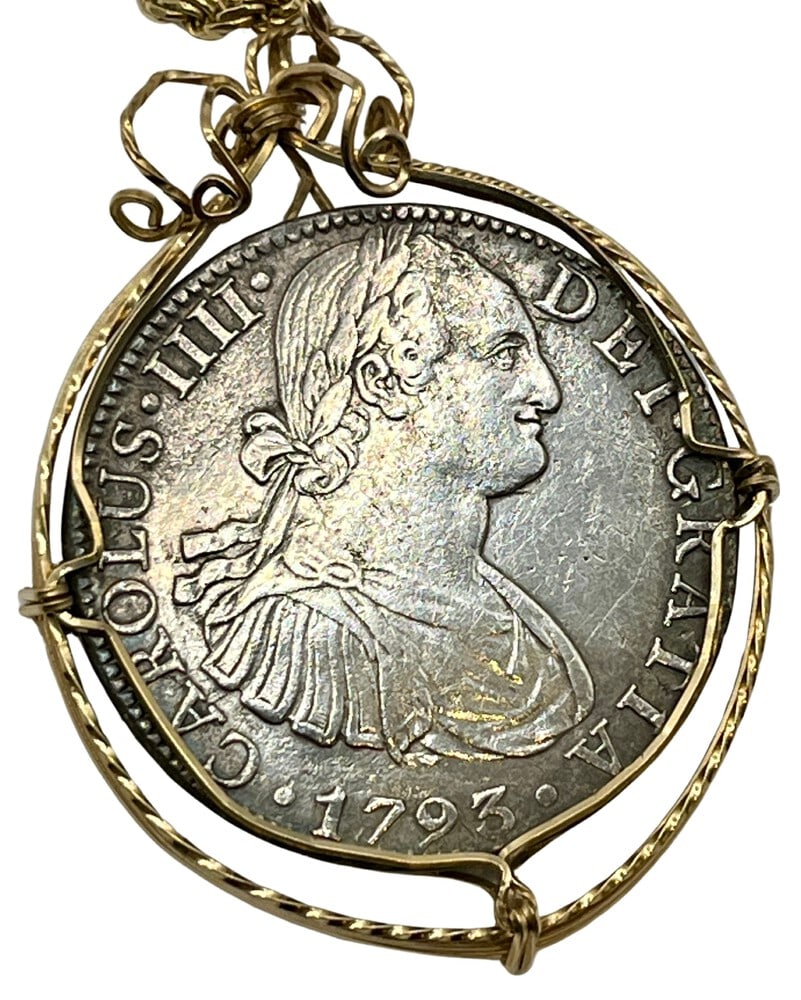 Spanish Shipwreck Coin: Acquire a piece of history with this genuine silver coin, featuring King Carolus, masterfully converted into an exquisite pendant necklace. A very rare and significant piece of history! (#354)- Authen
