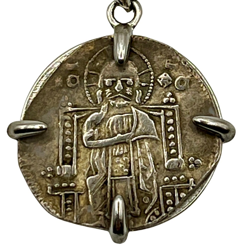 Ancient Jesus Coin with Doge of Venice Made into a Necklace: Jesus Christ and Venetian Doge Andrea Dandolo, authentic silver coin, expertly transformed into a stunning pendant necklace. (#319)Genuine ancient silver coin (circa 1345 AD)Beautifully mounted in a