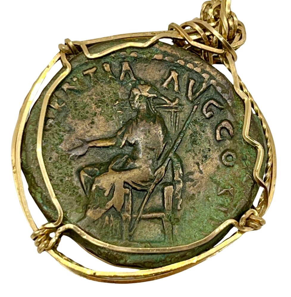 Roman Emperor Pius Ancient Coin Necklace: Roman Emperor Pius authentic bronze coin, expertly transformed into a stunning pendant necklace. (#77*)Genuine ancient bronze coin (circa 150 AD).Beautifully mounted in a pendant setting, showcasing