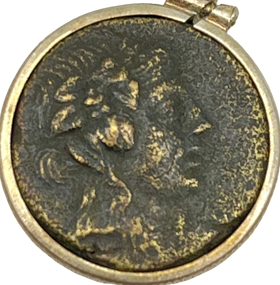 Dionysus, God of Wine Coin Necklace: Dionysus, God of Wine, authentic bronze coin, expertly transformed into a stunning pendant necklace. (#371)Genuine ancient bronze coin (circa 148 BCE).Beautifully mounted in a pendant setting,