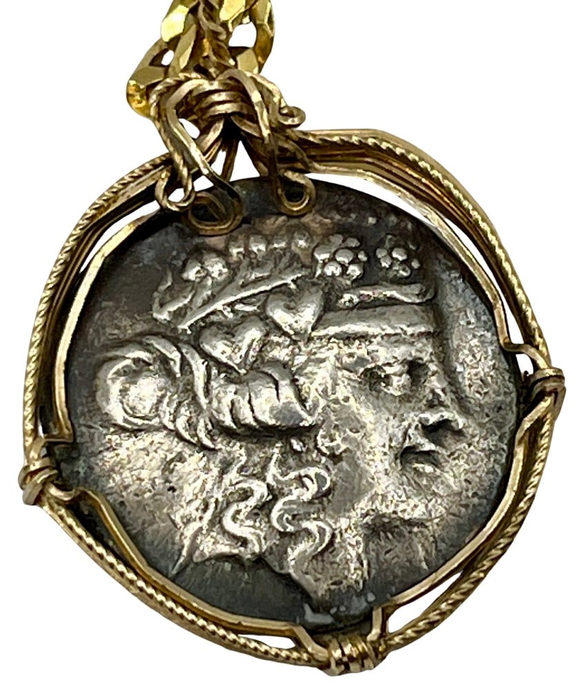Ancient Coin of Dionysus and Hercules as Pendant: Ancient Greek Coin of Hercules and Dionysus Pendant-A Piece of History. Own a piece of ancient history with this authentic silver coin, expertly transformed into a stunning pendant. In fabulous