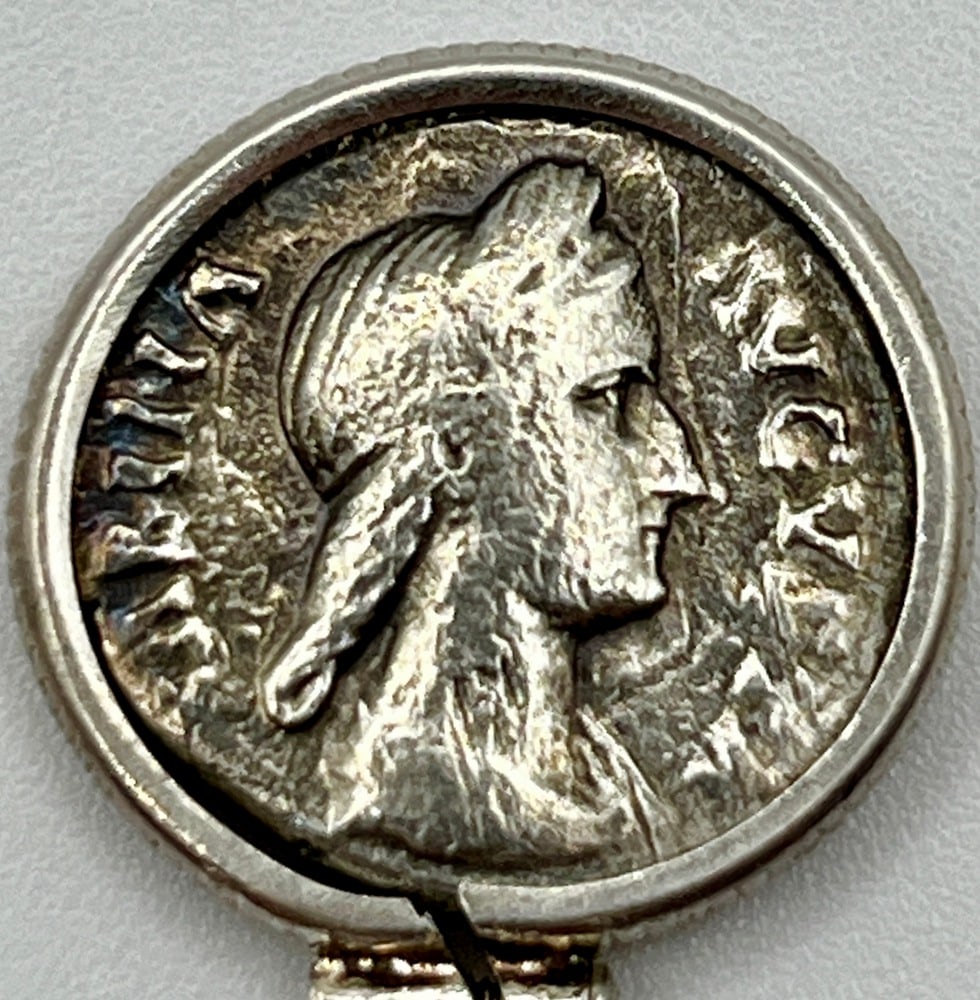 Angel and Sabina, Wife of Emperor Hadrian Coin Pendant: Ancient Coin of Angel and Sabina, Wife of Hadrian-A Piece of HistoryOwn a piece of ancient history with this authentic silver coin, expertly transformed into astunning pendant. (#397)
