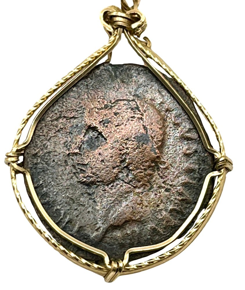 Roman Emperor Caesar Augustus Coin Pendant: Acquire a piece of ancient history with this genuine bronze coin, featuring Augustus Caesar, masterfully converted into an exquisite pendant necklace. A very rare and significant piece of history (#19