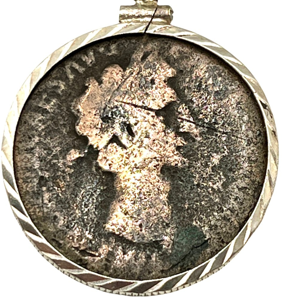 Rare Roman Coin of Tiberius as Pendant Necklace: Acquire a fragment of ancient history with this genuine bronze coin, featuring Emperor Tiberius, masterfully converted into an exquisite pendant necklace (#269).- Authentic ancient bronze coin (circa 