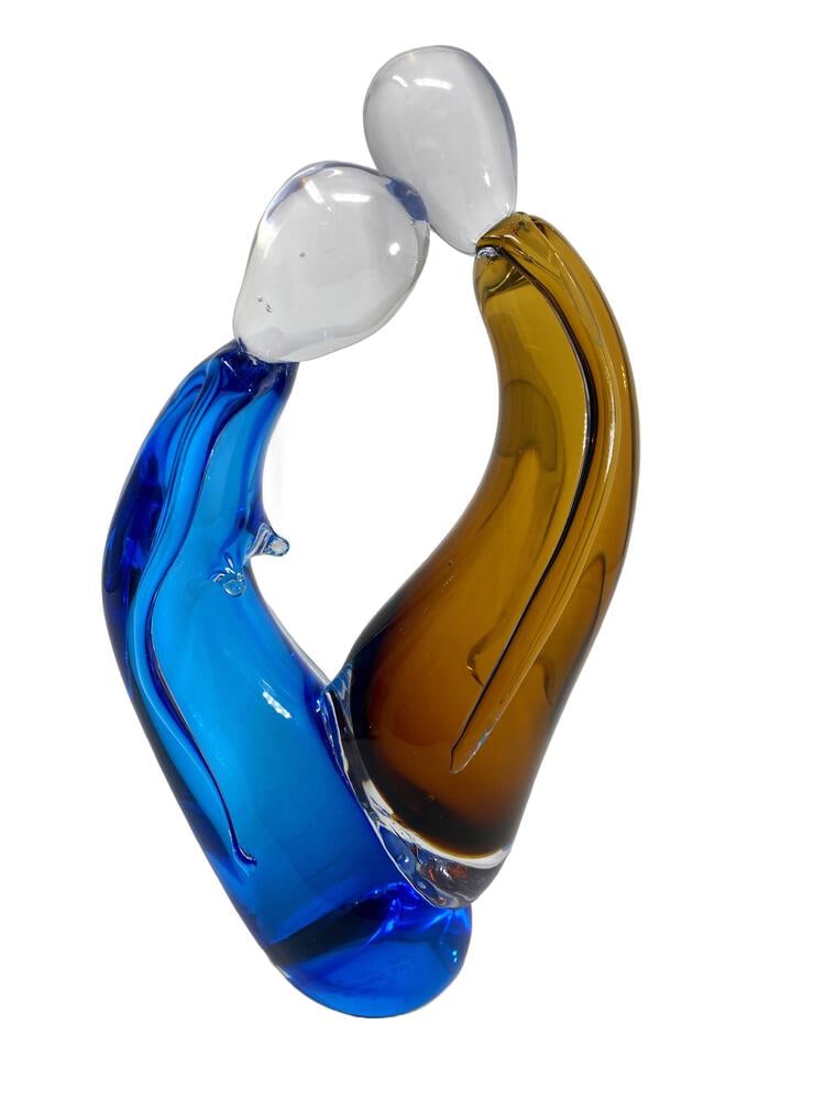Amati Lovers Sculpture from Murano, Italy: Beautiful Lovers (Amati) Statue by noted Murano Glass Master Roberto Beltrami. Beautiful amber and aquamarine coloring. Maker's mark on bottom. Measures 12.5" tall.