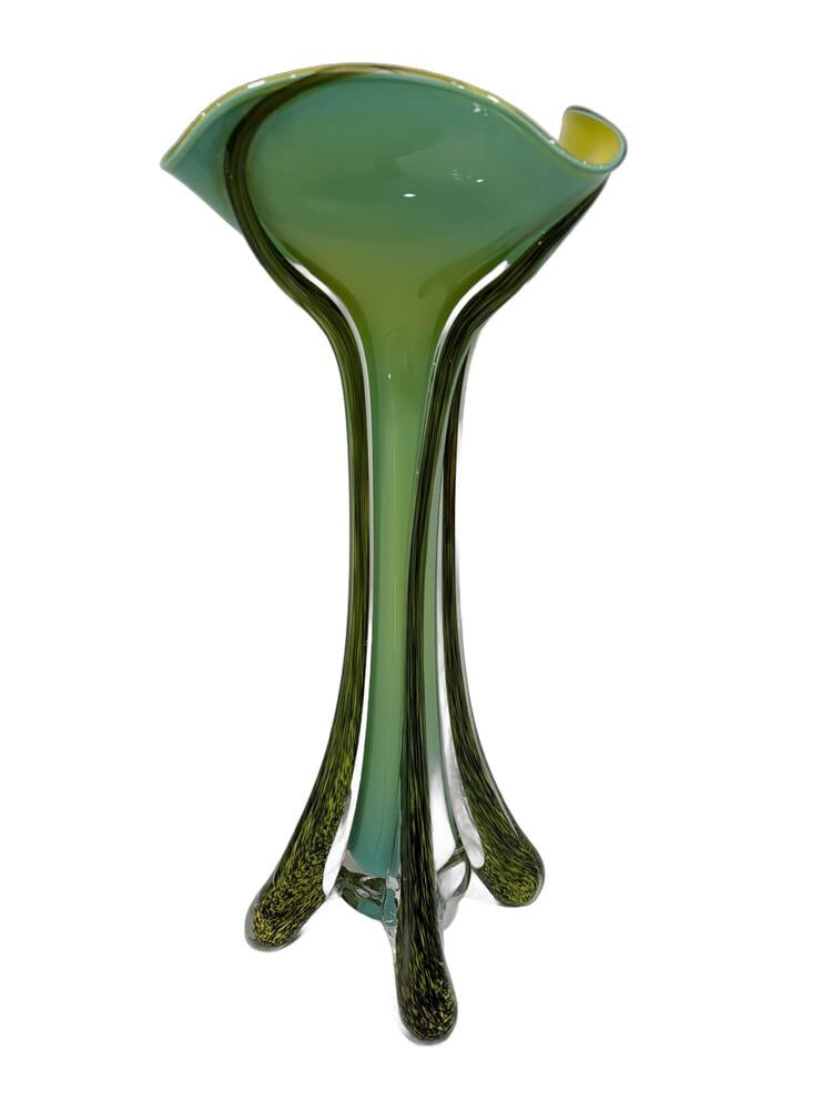 Lovely Vintage Vase: Incredibly beautiful green vase with yellow trim, which appears to be signed by Murano Glass masters Seguso (hard to read). In perfect condition, and ready for any decor. Measures 19" tall.
