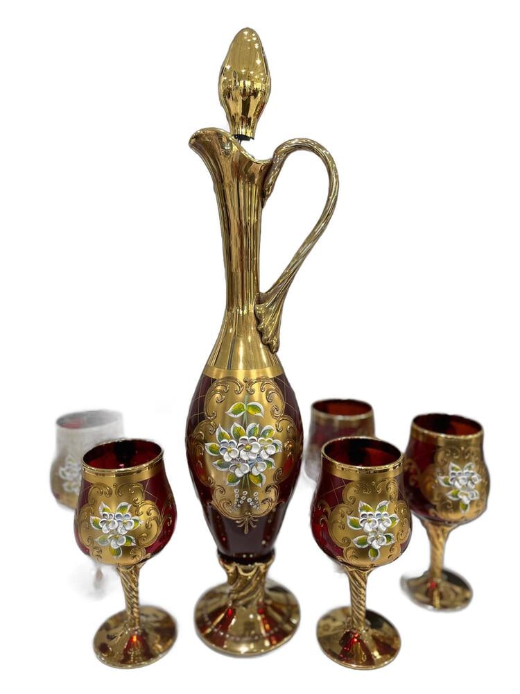 Enameled Stemware from Murano Including 6 Wineglasses and DecanterNew: This lovely set is one of the last to ever be made by the Salvadori Family, one of Murano's oldest families who are well known for their beautiful enameled stemware. Absolutely amazing set of 6 wine g