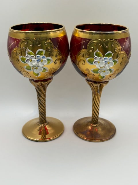 Enameled Venetian Wineglasses by Salvadori: This lovely pair of wineglasses is one of the last to ever be made by the Salvadori Family, one of Murano's oldest families who are well known for their beautiful, enameled stemware. Absolutely