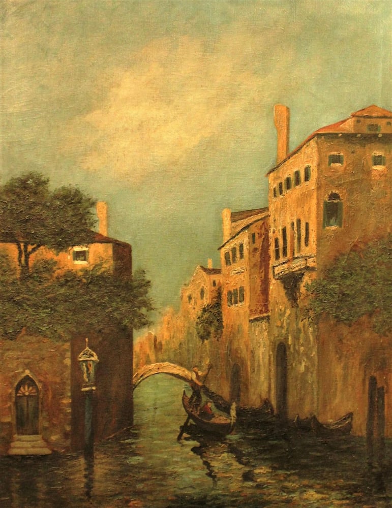 Antique Oil Painting of the Canals of Venice: This lovely painting is estimated to be 100-150 years old and depicts a Venetian Canal scene. The overall condition is good for its age. Includes a beautiful frame, but the frame could use some work. 