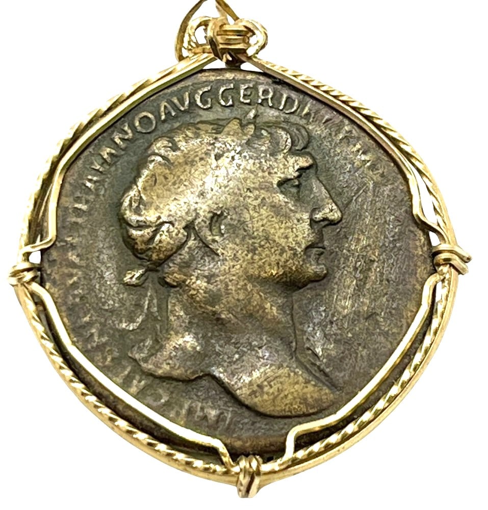 Emperor Domitian Roman Coin Pendant: Acquire a piece of ancient history with this genuine bronze coin, featuring Emperor Domitian, masterfully converted into an exquisite pendant necklace. A very rare and significant piece of history! (#