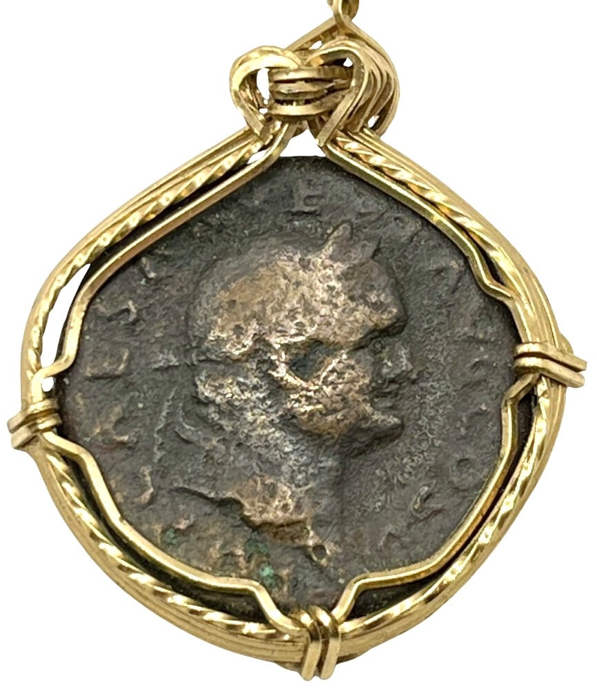 Emperor Vespasian Roman Coin Pendant: Acquire a piece of ancient history with this genuine bronze coin, featuring Emperor Vespasian, builder of the Colosseum and an Angel, masterfully converted into an exquisite pendant necklace. A very r