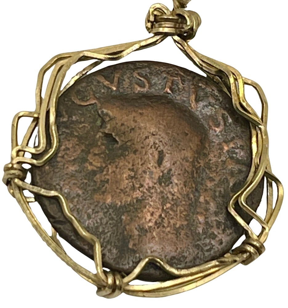 Roman Coin of Caesar Augustus Pendant: Acquire a piece of ancient history with this genuine bronze coin, featuring Caesar Augustus, masterfully converted into an exquisite pendant necklace. A very rare and significant piece of history! (#2