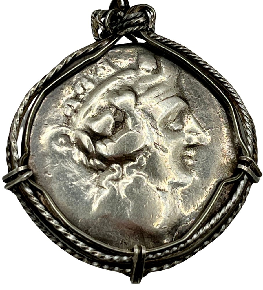 Ancient Hercules and Bacchus Coin Pendant: Stunning Hercules and Bacchus (Dionysus), authentic silver coin, expertly transformed into a stunning pendant necklace. (#88)Genuine ancient silver coin (circa 148 BCE)Beautifully mounted in a pendant