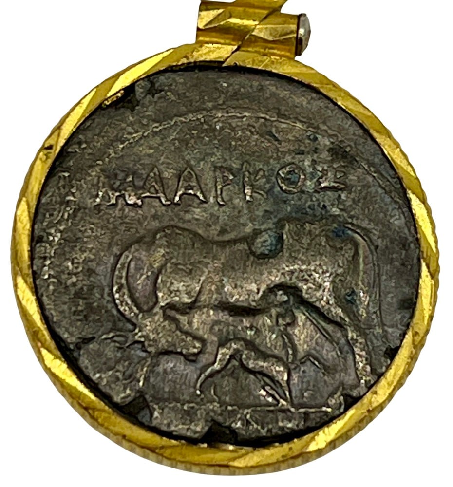 Ancient Gemini Greek Coin Necklace: Greek Gemini and Cow & Calf Coin, expertly transformed into a stunning pendant necklace. (#176)Genuine ancient silver coin (circa 200 BCE).Beautifully mounted in a pendant setting, showcasing the