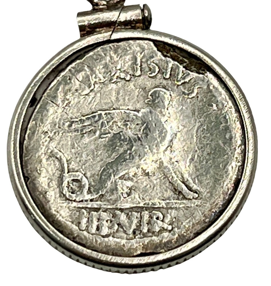 Sphinx and Venus Ancient Coin Pendant Necklace: Acquire a piece of ancient history with this genuine Roman coin from the time of Caesar, featuring Venus and the Sphinx, masterfully converted into an exquisite pendant necklace (#95).- Authentic anci