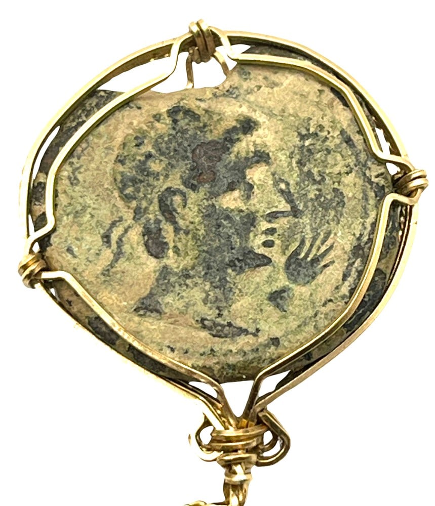 Apollo and Sphinx Coin, Circa 180 BCE as Pendant: Acquire a piece of ancient history with this genuine bronze coin, featuring Apollo and Sphinx, masterfully converted into an exquisite pendant necklace. A very rare and significant piece of