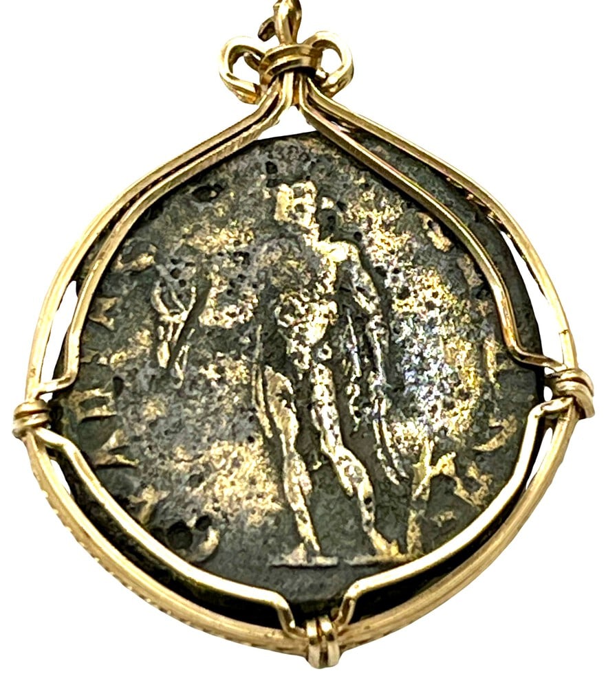 Roman Emperor Caracalla and Liberty Coin Pendant: Acquire a piece of ancient history with this genuine bronze coin, featuring Emperor Caracalla and Liberty, masterfully converted into an exquisite pendant necklace. A very rare and significant piece