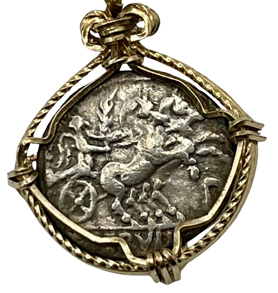 Roman Gladiator on Chariot Coin: Acquire a piece of ancient history with this genuine Roman coin, featuring a Gladiator on a Chariot and Goddess Roma, masterfully converted into an exquisite pendant necklace. (#21*). - Authentic anci